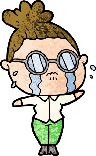 Bir insan tarafından çizilmiş gözlüklü, ağlayan bir kadın.