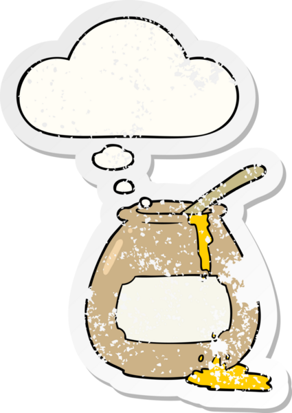 Düşünce baloncuğu olan çizgi film bal küpü insan tarafından çizilmiş yıpranmış bir çıkartma gibi.