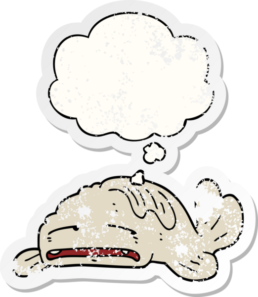 Düşünce baloncuğu olan üzgün yaşlı balık çizgi filmi bir insan tarafından çizilmiş yıpranmış bir çıkartma.