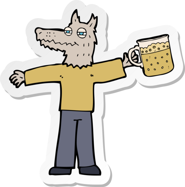 Bir insan tarafından çizilmiş bira içen bir kurt adamın çıkartması.