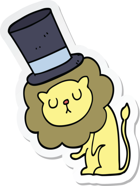 Bir insan tarafından çizilmiş silindir şapkalı şirin bir aslanın çıkartması.