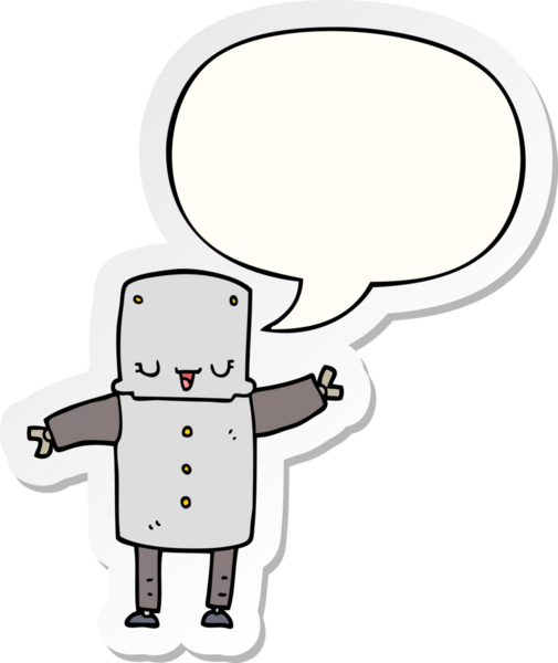 Bir insan tarafından çizilmiş konuşma balonu çıkartmalı çizgi film robotu.