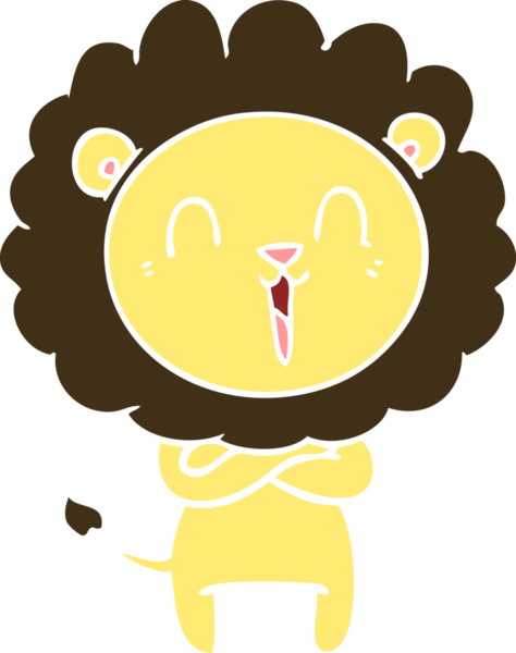 Gülen aslan düz renkli çizgi film bir insan tarafından çizildi.