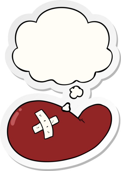 Bir insan tarafından çizilmiş bir çıkartma gibi düşünce baloncuğu ile yaralı safra kesesi.