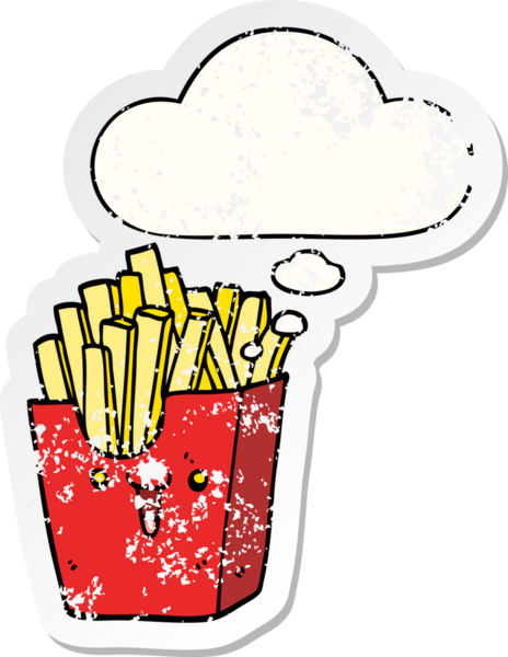 Düşünce baloncuklu tatlı patates kızartması kutusu insan tarafından çizilmiş yıpranmış bir çıkartma gibi.