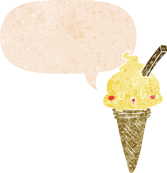 Bir insan tarafından çizilmiş grunge sıkıntılı retro tarzı konuşma baloncuklu tatlı çizgi film dondurması.