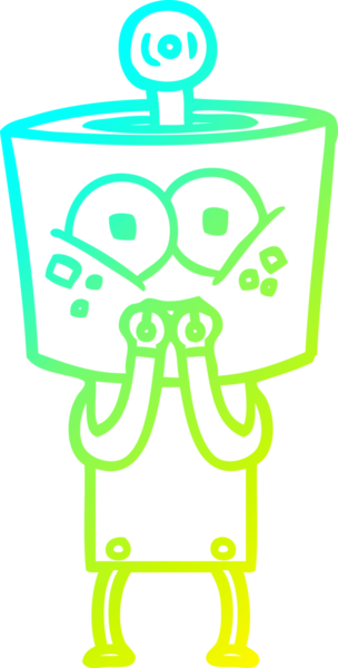 Bir insan tarafından gergin bir şekilde çizilen mutlu çizgi film robotunun soğuk gradyan çizimi.