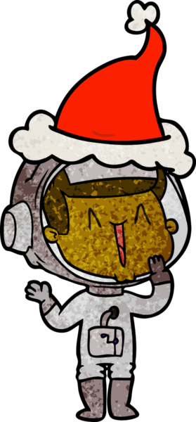 Gülen el çizimi bir astronot çizimi Noel Baba şapkası giymiş bir insan tarafından çizilmiş.