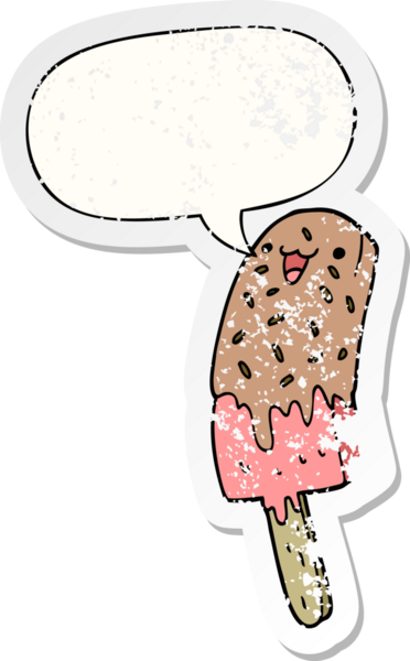 Tatlı çizgi film mutlu buz lolipop konuşma balonu sıkıntılı eski çıkartma bir insan tarafından çizilmiş