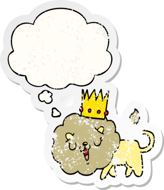 Düşünce baloncuklu taç takan çizgi film aslanı insan tarafından çizilmiş yıpranmış bir çıkartma gibi.