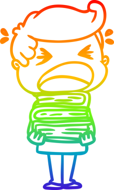 Gökkuşağı gradyan çizimi bir insan tarafından çizilmiş kitap yığınıyla bağıran bir adamın çizgi filmi.