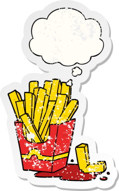 Düşünce baloncuğu olan çizgi film kızartmaları insan tarafından çizilmiş yıpranmış bir çıkartma gibi.