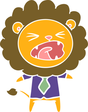 Bir insan tarafından çizilmiş iş kıyafetleri içinde düz renkli çizgi film aslanı.