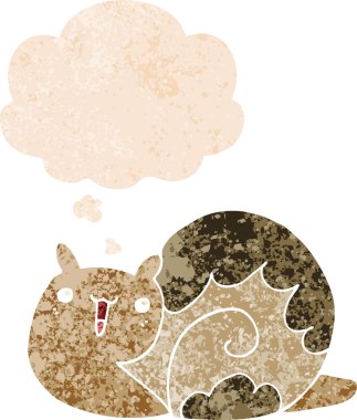 Tatlı çizgi film salyangozu. Düşünce baloncuğu ve grunge dertli retro desenli bir insan tarafından çizilmiş.