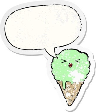 Konuşma balonlu çizgi film dondurması bir insan tarafından çizilmiş sıkıntılı eski bir çıkartma