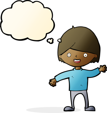 Bir insan tarafından çizilmiş düşünce baloncuğu olan bir çocuk.