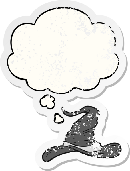 Düşünce baloncuklu çizgi film büyücüleri şapkası insan tarafından çizilmiş yıpranmış bir çıkartma gibidir.