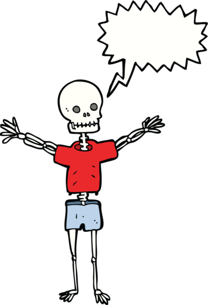 Bir insan tarafından çizilmiş konuşma baloncuklu kıyafet içinde bir iskelet.