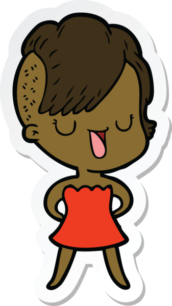 Hipster saç kesimi bir insan tarafından çizilmiş şirin bir çizgi film kızına ait etiket.