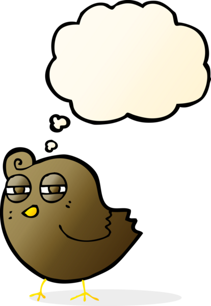 Bir insan tarafından çizilmiş düşünce baloncuklu komik çizgi film kuşu.