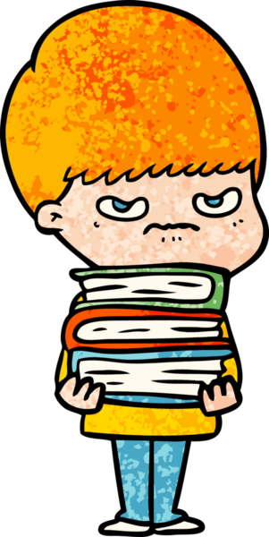 Bir insan tarafından çizilmiş kitapları olan kızgın çizgi film çocuğu.