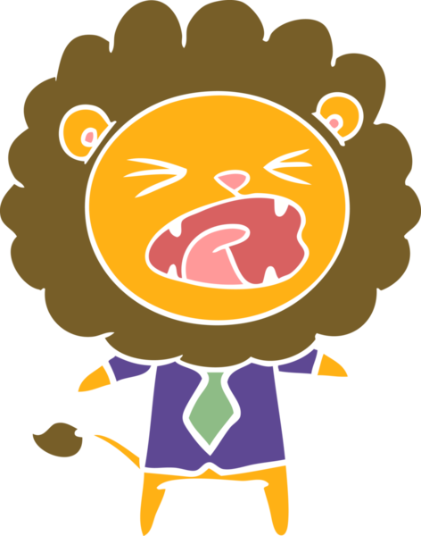 Bir insan tarafından çizilmiş iş kıyafetleri içinde düz renkli çizgi film aslanı.