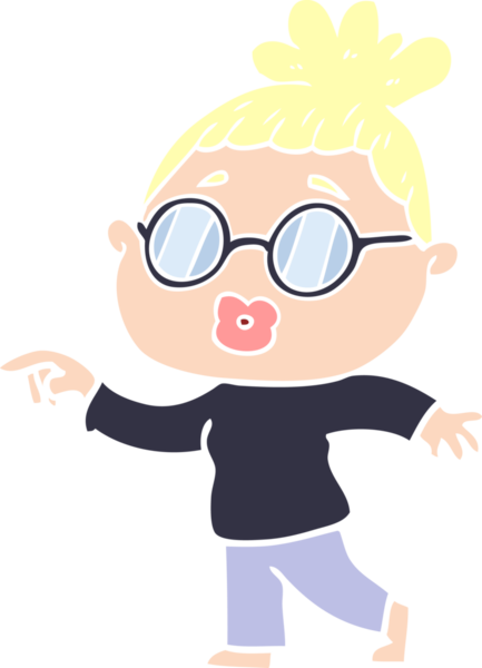 Düz renkli karikatür kadın bir insan tarafından çizilmiş gözlük giyiyor.