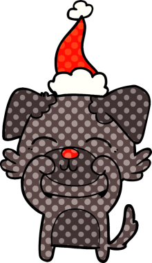 Bir insan tarafından çizilmiş Noel Baba şapkası takan bir köpeğin el çizimi çizgi roman tasviri.