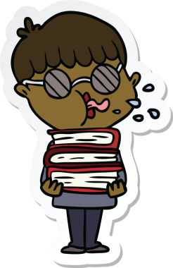 Siyah gözlüklü bir çocuğun çıkartması. Elinde bir insan tarafından çizilmiş kitaplar var.