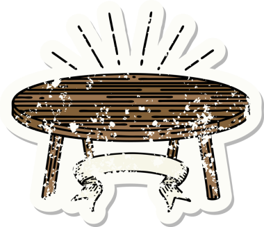 Bir insan tarafından çizilmiş dövme stili ahşap bir masanın eski bir çıkartması.