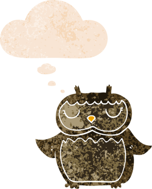 bir insan tarafından çizilmiş grunge sıkıntılı retro desenli düşünce baloncuğu ile çizgi film baykuşu