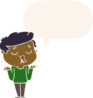 Konuşan ve omuz silken bir insan tarafından çizilmiş eski moda bir konuşma balonuyla konuşan çizgi film adamı.