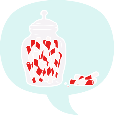 Kavanozda geleneksel şekerlemeler ve retro tarzı konuşma baloncukları insan tarafından çizilmiş.