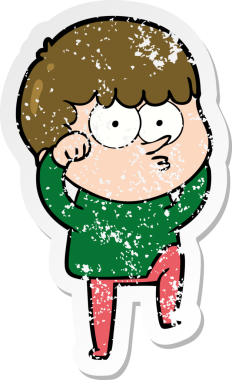 Bir çizgi filmin kederli çıkartması. Meraklı bir çocuk. Bir insan tarafından çizilmiş inançsızlıkla gözlerini ovuşturuyor.