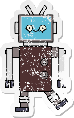 Bir insan tarafından çizilmiş sevimli bir robot çizgi film çıkartması.