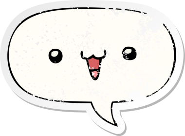 Konuşma baloncuklu sevimli mutlu yüz karikatürü bir insan tarafından çizilmiş sıkıntılı eski bir çıkartma