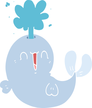 Düz renkli çizgi film balinası bir insan tarafından çizilmiş su püskürtür.