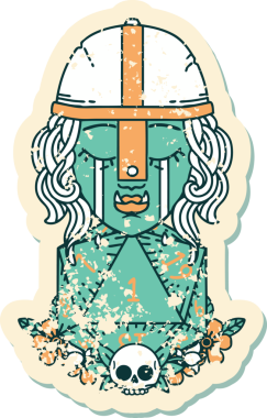 Retro Dövme Tarzı Ağlayan Ork Savaşçısı Karakteri Bir insan tarafından çizilmiş doğal bir D20 rulosu