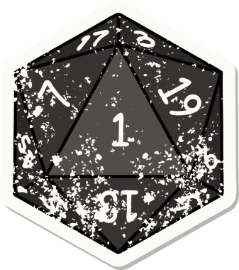 Bir insan tarafından çizilmiş 1 D20 zarının grunge sticker 'ı