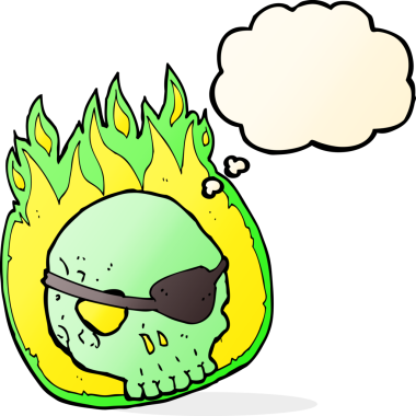 Bir insan tarafından çizilmiş düşünce baloncuklu göz bandı olan karikatür kafatası.