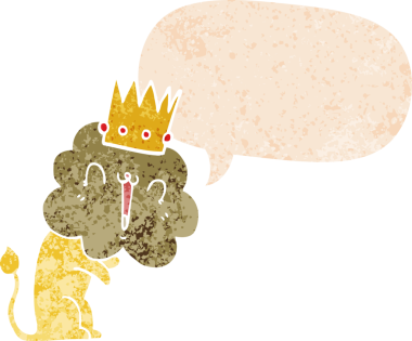 Bir insan tarafından çizilmiş, grunge 'da konuşma baloncuğu olan karikatür aslanı.