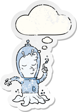 Düşünce baloncuğu olan bir uzaylı çizgi film karakteri insan tarafından çizilmiş yıpranmış bir çıkartma gibi.