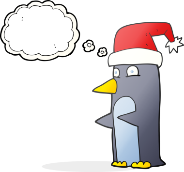 Bir insan tarafından çizilmiş serbest çizim balon karikatür noel pengueni.