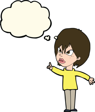 Bir insan tarafından çizilmiş düşünce baloncuğuyla tartışan çizgi film kadını.