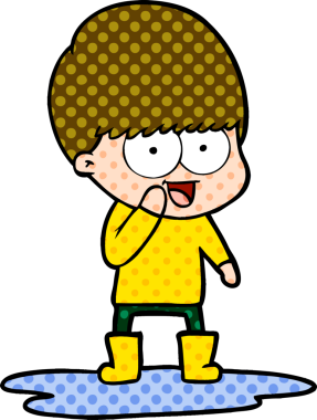 Bir insan tarafından çizilmiş su birikintisinde sıçrayan mutlu çizgi film çocuğu.