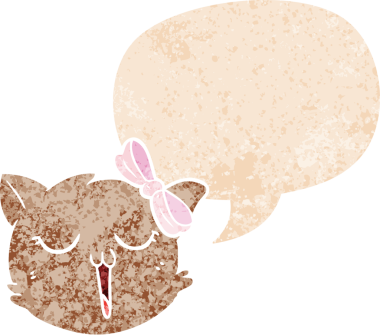 bir insan tarafından çizilmiş grunge sıkıntılı retro desenli konuşma baloncuklu çizgi kedi yüzü