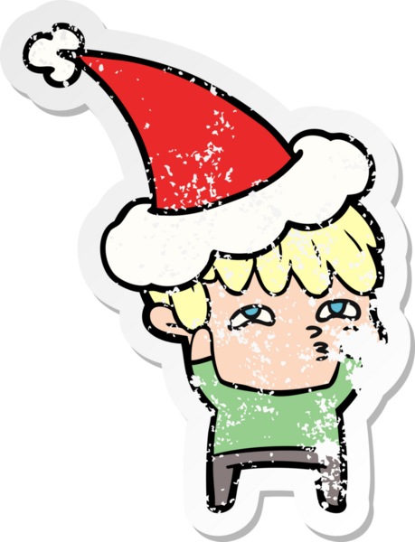 Bir insan tarafından çizilmiş Noel Baba şapkası giymiş meraklı bir adamın el çizimi karikatürü.