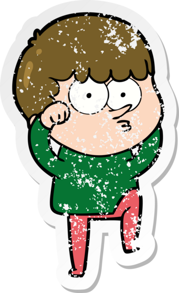 Bir çizgi filmin kederli çıkartması. Meraklı bir çocuk. Bir insan tarafından çizilmiş inançsızlıkla gözlerini ovuşturuyor.