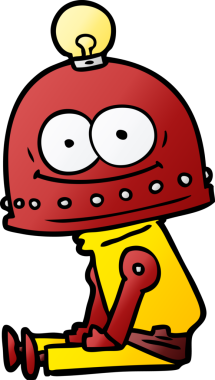 Bir insan tarafından çizilmiş ampullü mutlu karton robot.