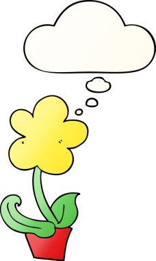 Bir insan tarafından çizilmiş yumuşak eğimli düşünce baloncuklu şirin çizgi film çiçekleri.